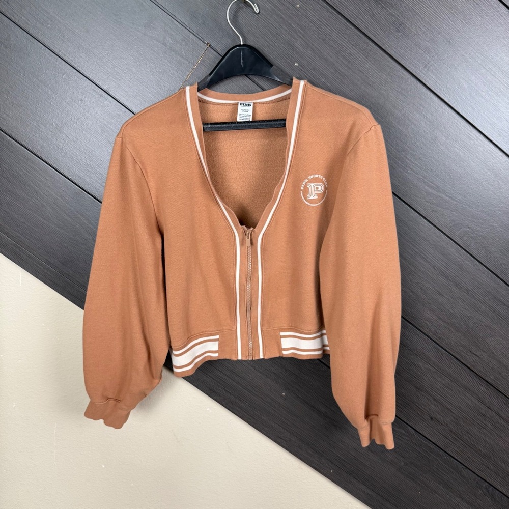 PINK Victoria's Secret Women XL Brown Cropped Full Zip Sweatshirt Varsity Y2K
